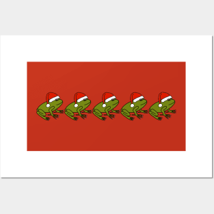 Five Green Frog Christmas Santa Hat Posters and Art
